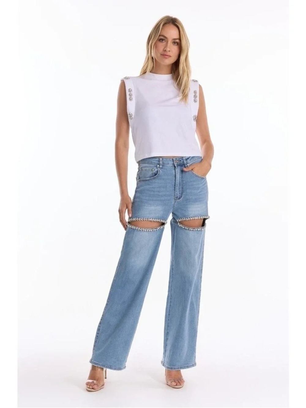 The Noli Shop Ivanka Crystal Slit Medium Blue Denim Size 27